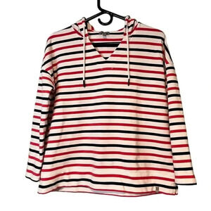 T by Talbots Nautical Striped V-Neck Hooded Pullover Top Red White Navy Size MP
